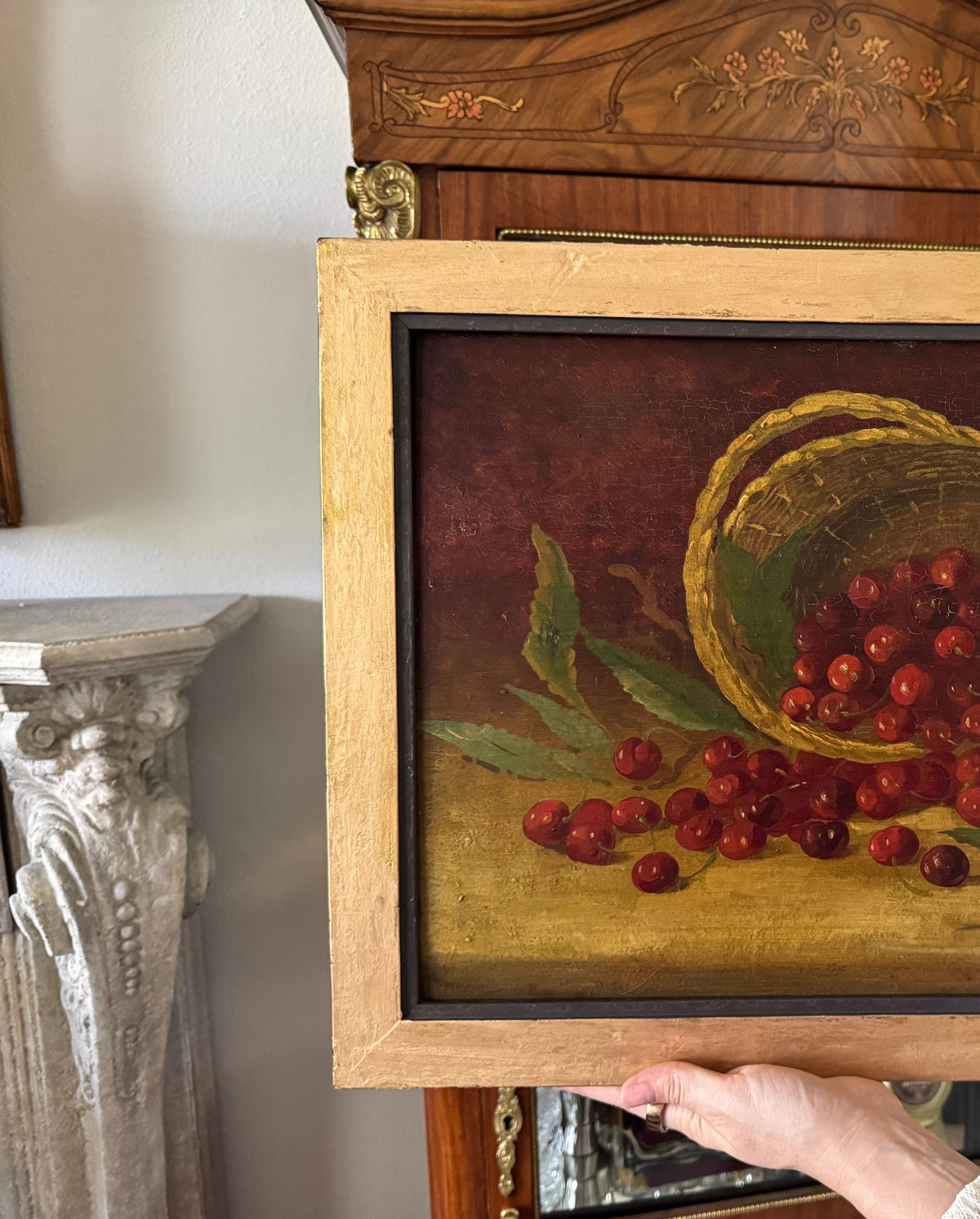 Antique Cherry Still Life — Continental Oil on Wood Panel