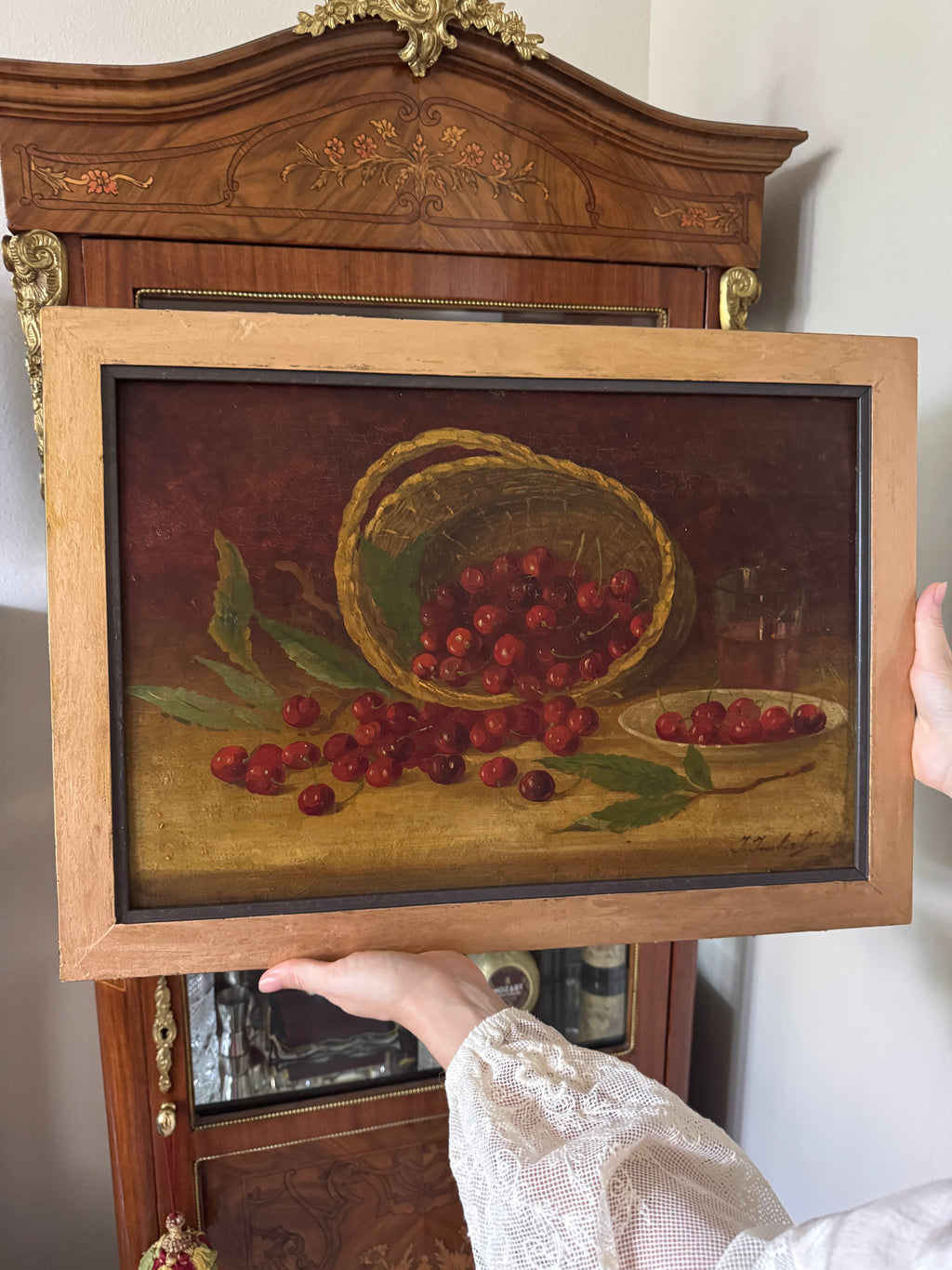 Antique Cherry Still Life — Continental Oil on Wood Panel