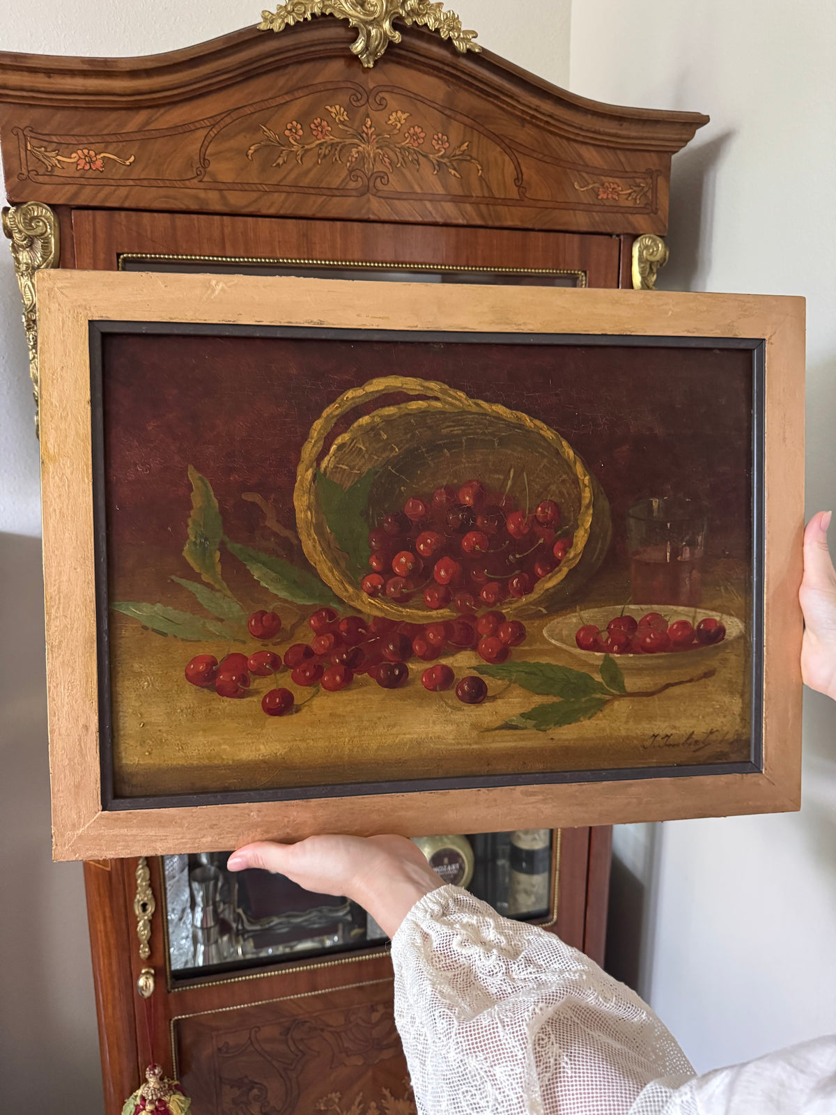 Antique Cherry Still Life — Continental Oil on Wood Panel