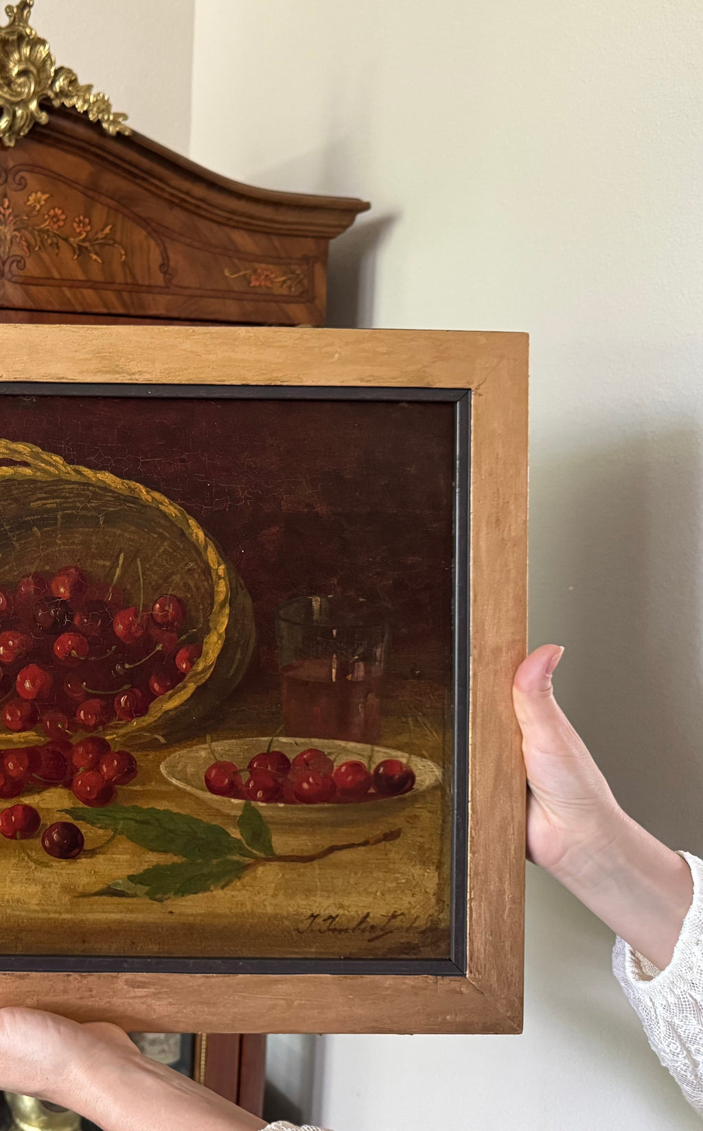 Antique Cherry Still Life — Continental Oil on Wood Panel