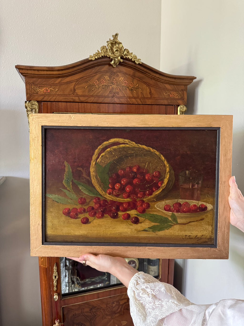 Antique Cherry Still Life — Continental Oil on Wood Panel