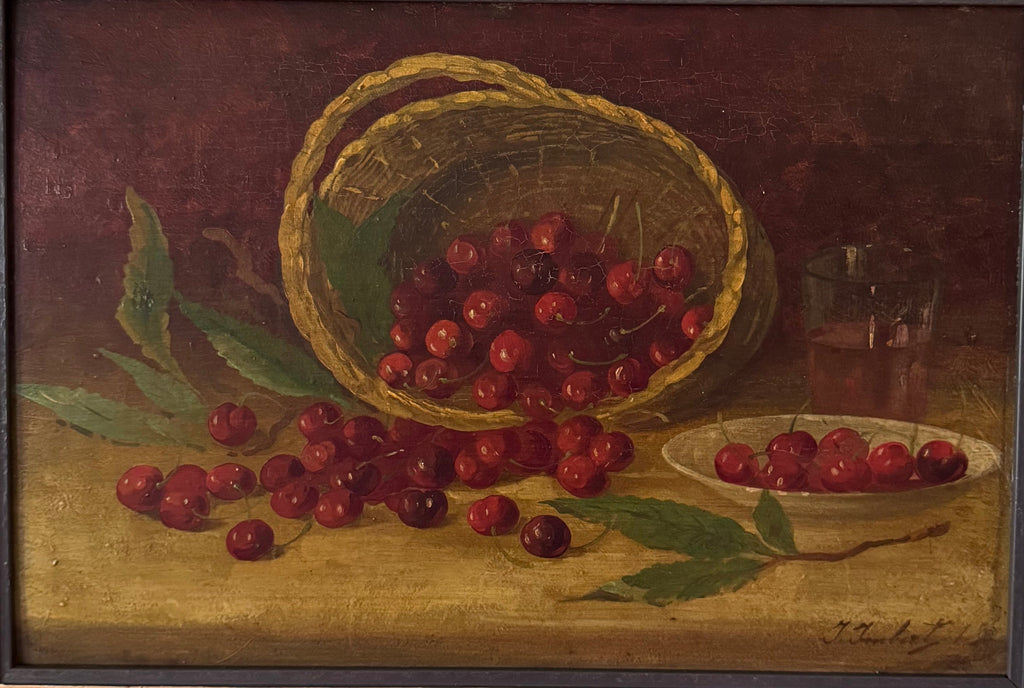Antique Cherry Still Life — Continental Oil on Wood Panel