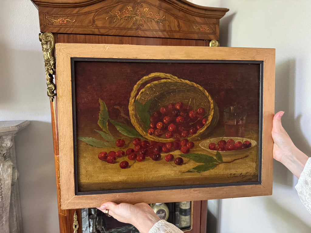 Antique Cherry Still Life — Continental Oil on Wood Panel